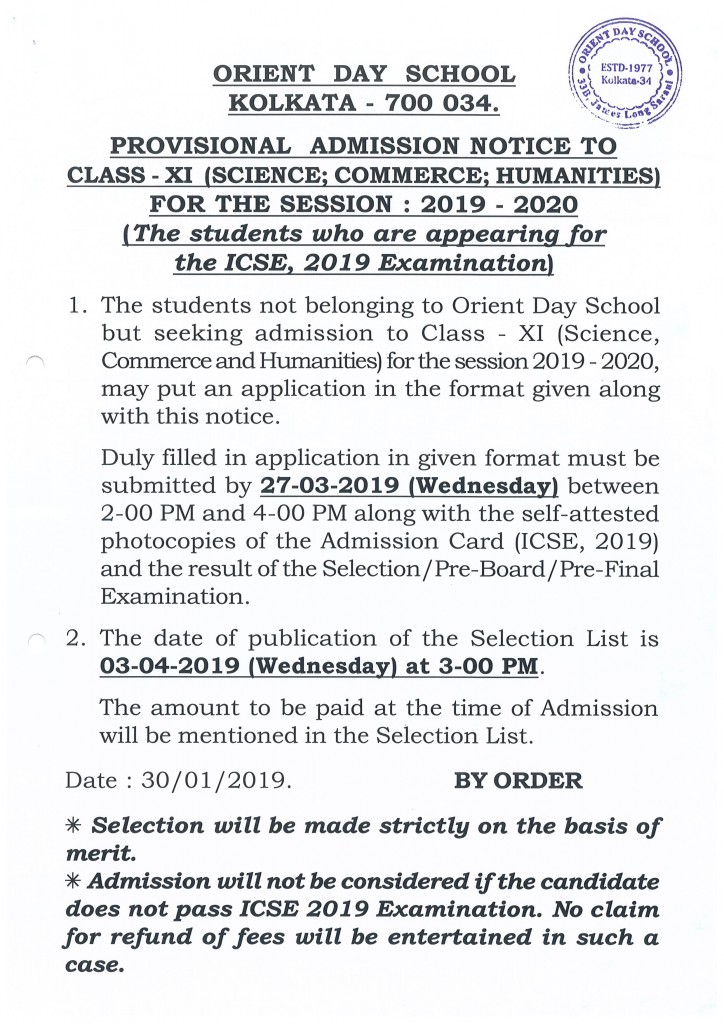 ADMISSION NOTICE IN CLASS - XI FOR SESSION 2019-2020